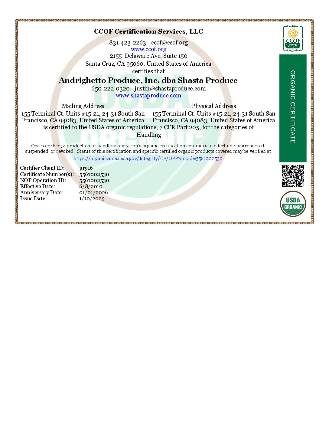 CCOF Certificate 2025-2026 (2) Shasta Produce - CCOF Certificate NOPWeb
